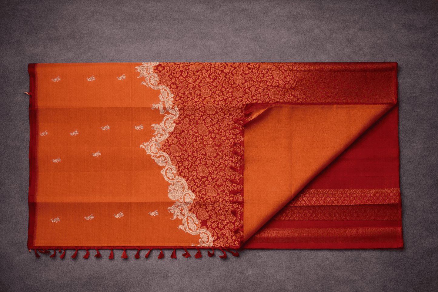 Royal Red & Orange Brocade Kanchi Silk Saree