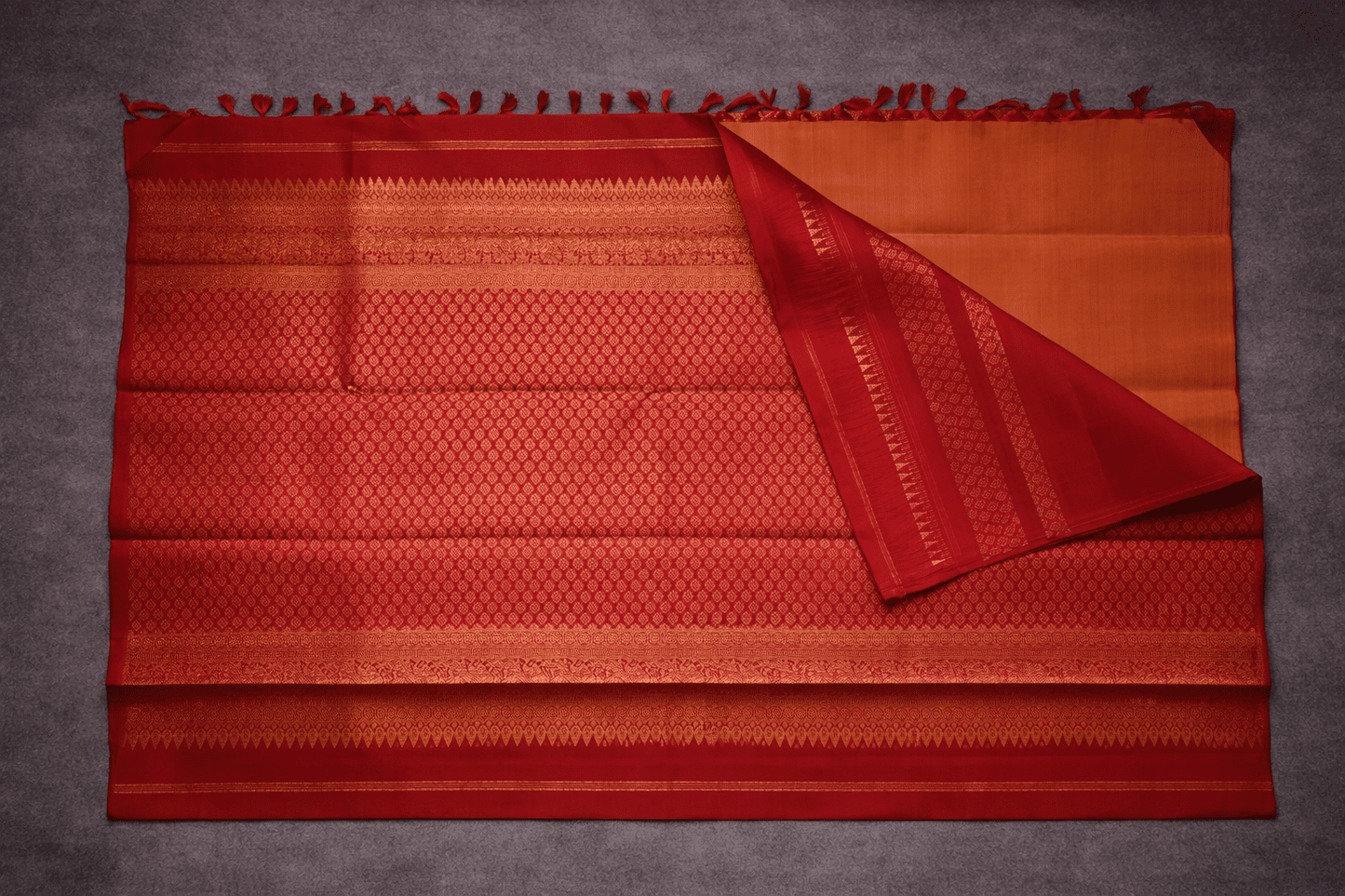 Royal Red & Orange Brocade Kanchi Silk Saree
