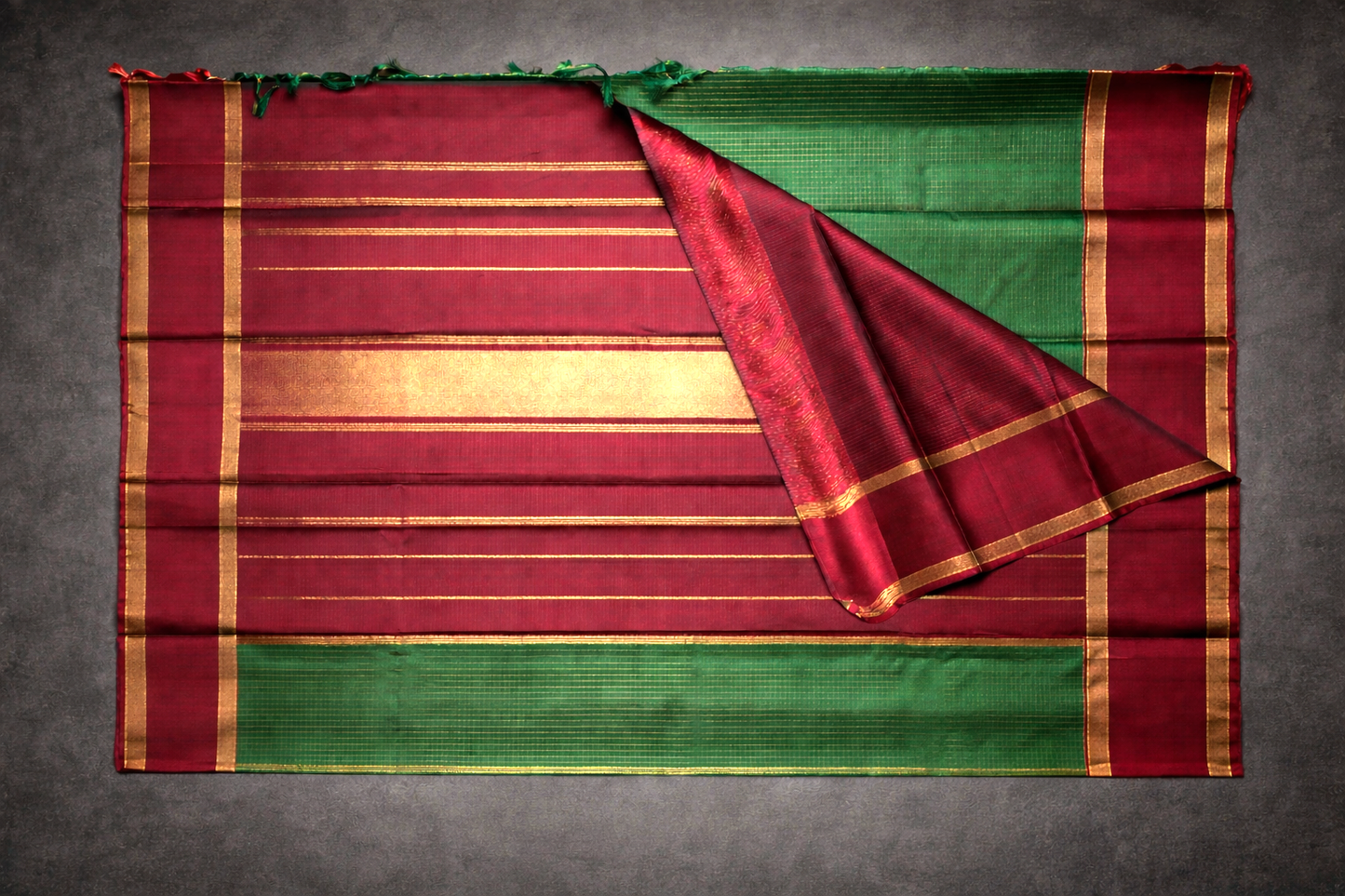Green & Maroon Traditional Silk Saree with Zari Checks and Rich Border