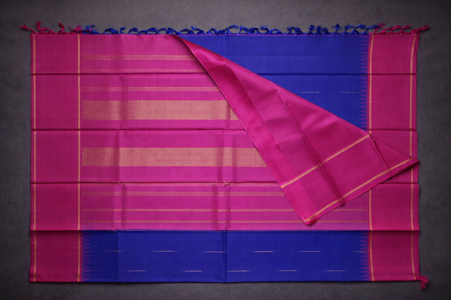 Royal Blue & Pink Traditional Silk Saree with Zari Butta and Contrast Border